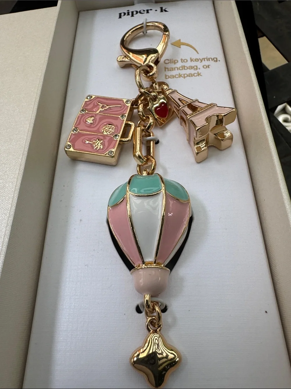Keychain  Piper Pink & Mint Enamel Hot Air Balloon Keychain with Gold Hardwar